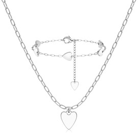 MILACOLATO 18K Gold Plated Jewelry Sets for Women Heart Pendant Necklace Love Charm Bracelet Paperclip Chain Friendship Link Chain Fashion Jewery Silver
