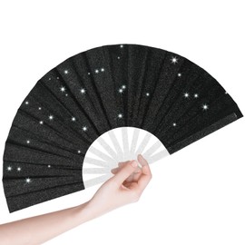 13inch Glitter Large Rave Popping Fan, Boots on The Ground Clacking Fans for Line Dancing, Foldable Hand Fans for Women Wedding, Party, Black