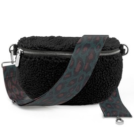 ARTVALL - Shoulder Bag Teddy Fabric Bag Handbag Plush Bag Bum Bag Teddy Fur Plush with Shoulder Strap Design Bag Strap Removable Adjustable Strap Crossbody Bag Women with Zip, Black (leopard green |