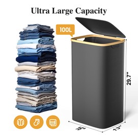 Foluck Large Laundry Hamper, 100L Waterproof Laundry Basket with Lid and Removable Bag, Collapsible Tall Clothes Hamper with Bamboo Handles for Clothes Toys in Dorm Bedroom Bathroom, Black