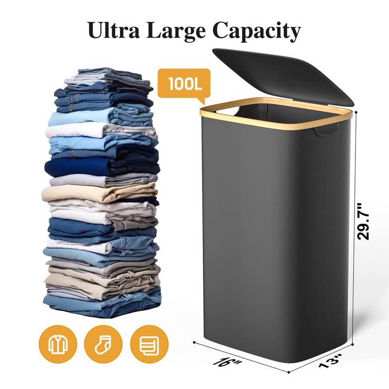 Foluck Large Laundry Hamper, 100L Waterproof Laundry Basket with Lid