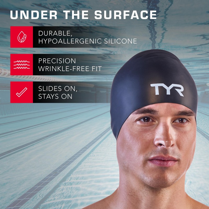 TYR Unisex Adult All-season Wrinkle-Free Silicone Swim Cap, Black, 0