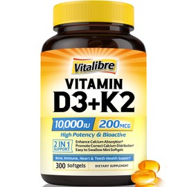 Vitalibre Vitamin D3 K2 Supplement, 10000 IU D3 / 200 mcg K2 MK7, Calcium Absorption, Bone, Heart, Immune & Muscle Support, Enhanced Absorption, No Soy, Easy to Swallow, 300 Softgels