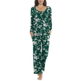 POPYOUNG Plus Size Ladies Pyjamas 2 Piece Pjs for Women Sets Fall-Winter Long Sleeve Lounge Sets Long Pants Sleepwear XL, Floral-Green