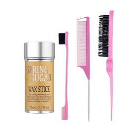 SPRINGSUGAR- Juego de 4 paquetes de cera para el cabello en barra, cepillo para el borde del cabello liso hacia atrás, peine rosa, barra de cera para cabello suelto, peinado