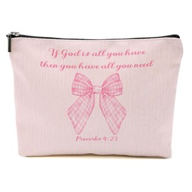 Bible Verse Makeup Bag for Women, Coquette Pink Bow Portable Travel Organizer Toiletry Pouch Cosmetic Bag with Zipper, Inspirational Roomy Makeup Bags Travel Accessories, Christian Gifts 1