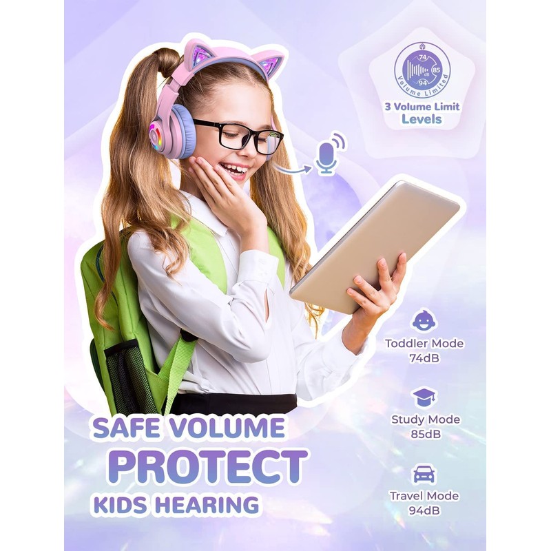 iClever Bluetooth Kids Headphones, BTH13 Cat Ear LED Light Up