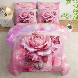 AILONEN Pink Rose Comforter Set Twin Size for Girls Women,7-Piece Soft Bed in a Bag,Rose Flower Butterfly Comforter & Fitted Sheet & Flat Sheet & 2 Pillowcases,2 Pillow Shams
