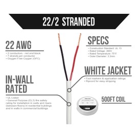 Voltive 22/2 Stranded Alarm Wire - CL3 Rated - Oxygen-Free Copper (OFC) - 500 Foot Coilpack - White
