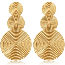 Statement Earrings, Gold Large Boho Earrings, Hanging, Disc Stud Earrings, Three Layer Circle Earrings with Round Disks, Jewellery Gifts for Women for Birthday, Holiday, Alloy Steel, 0