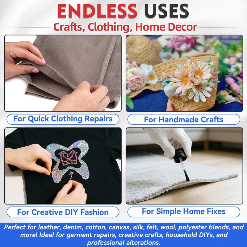Fabric Glue Permanent, Washable Clear Glue for Clothing Patch, Liquid,