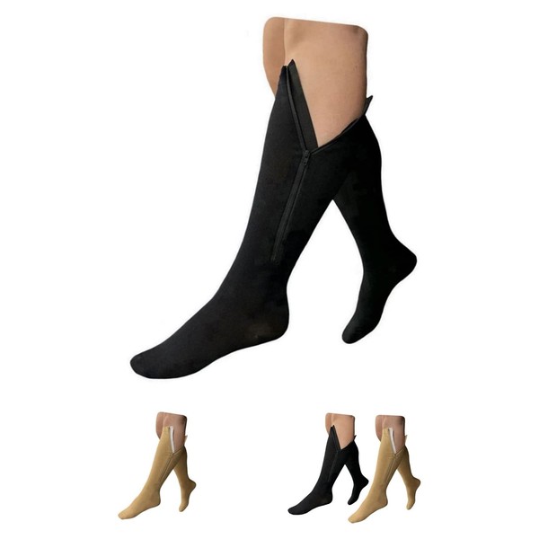 HealthyNees 15-20 mmHg Zipper Compression Plus Size Calf Leg Closed Toe Socks (Black, 3XL)