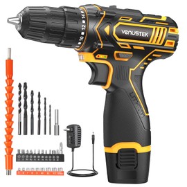 VENUSTEK Cordless Drill Set, 12V Power Drill with 2.0Ah Battery and 2-Speed, 30Nm Torque, 25+1 Clutch Settings, 3/8" Keyless Chuck, Yellow Electric Drills for Home DIY, Wood, Metal, Plastic Drilling