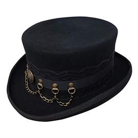 100% Wool Victorian Western Steampunk Costume Top Hat with Leather Band and Chain (XL, Black 2020)