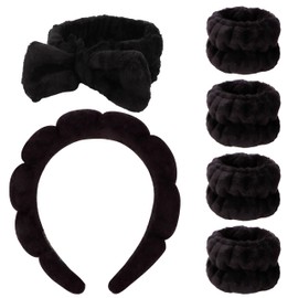 AOPRIE SPA Headbands for Washing Face Makeup Headbands with Bow Hair Band Women Facial Head Band Wrist Towel Wraps For Shower Face Mask Black 2 Style Black, 6 Pack