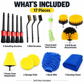 Car Detailing Kit, 17-Piece Car Cleaning Set with Drill Brush Attachments, Detail Brushes, Vent Cleaner, Wash Mitt, Towel and Sponge Pads