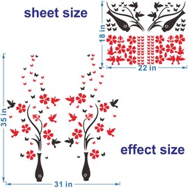 ANFRJJI Vase Flower and Bird Wall Decal - 3D PVC Removable Wall Sticker with Flying Butterflies and Tree Branch - Effect 35"x31" - Living Room and Bedroom Decor JWH184 (Black vase+red Flower)