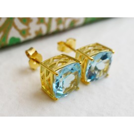 9mm große Ohrstecker aus vergoldetem Sterlingsilber mit Blautopas - Natürlicher Edelstein - Geburtstagsgeschenk - Weihnachtsgeschenk - Handgefertigte Geschenkideen für Frauen