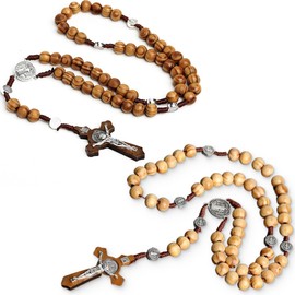 KUMSODE Pack of 2 Wooden Rosary Necklaces, Catholic Rosary Chains Made of Wood, Handmade Religious Prayer Beads with Cross Pendant, Religious Jewellery for Women, Communion, Christening