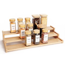 Spice Rack Organizer for Cabinet, 18in Bamboo Tiered Spice Rack，Used for Kitchen Countertops and Food Storage Room Organizer，Specially Designed for Jars and Spice Bottles(Bamboo, L)