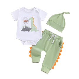 Carolilly Infant Baby Boys Outfits Letter Print Newborn Baby Boys Short Sleeve Romper + Pants + Hat Newborn Baby Boys Clothes Gift (Green dinosaur, 3-6 Months)