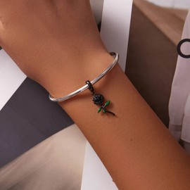 BABAMIA 925 Sterling Silver Rose Dangle Charm for Bracelets and Necklace Dainty Black Rose Pendant Charm Jewelry Gift for Women Birthday Valentine's Day Charm