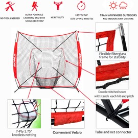 AOLIGEIJS 7'X7' Baseball Softball Practice Net,Pitching Net,Batting Net,with Baseball Tee,Bonus Strike Zone and Bow Frame,for Hitting,Pitching, Catching (Red Net + Red Tee)
