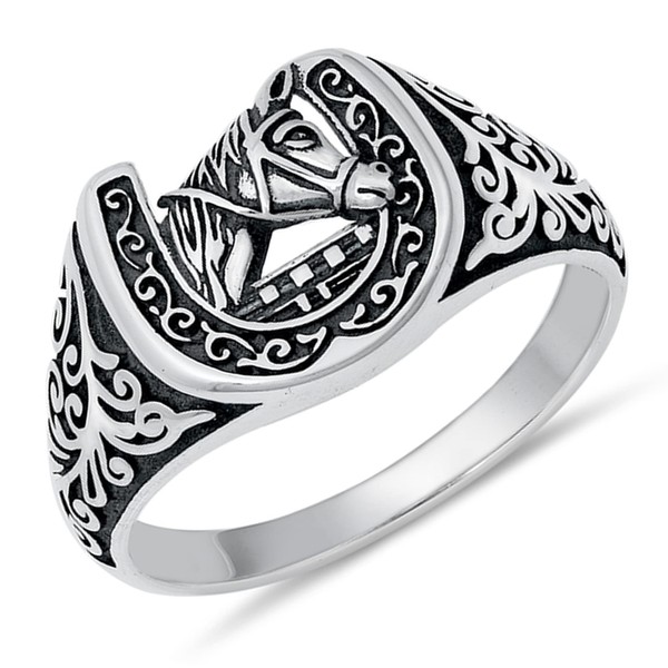 925 Sterling Silver Horseshoe with Horse Ring Sizes 7-12 (12)