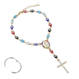 Car Rosary for Rearview Mirror,Golden Evil Eye Rearview Mirror Auto Rosary Beads Car Medal and Cross Hanging Accessories for Mirror Interior Decors for Women Men