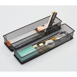 Annova Mesh Stackable Drawer Cabinet and Shelf Organizer Bins Storage Basket School Office Supply Holder Tray- Set of 2 (Black, 3x12x2 Inch)