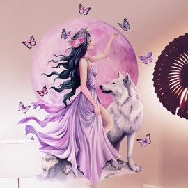 Girl with Wolf and Moon Wall Decals, Removable Wall Stickers Wall Decor Vinyl Wall Art for Living Room, Women Girls Bedroom, 2 Sheets 25x70cm