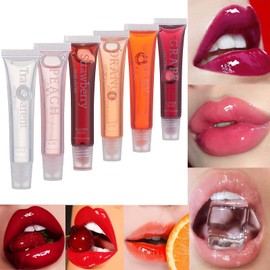 FantasyDay 6Pcs Hydrating Lip Gel,Fruit-Flavored Lip Gloss,Lip Oil Liquid Lipstick,Can Keep Your Lips Moisturized And Plumper For A Long Time Lip Care(Strawberry,Clear,Peach,Grape,Cherry,Orange)