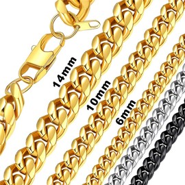 Bandmax Dense Curb Chain Necklace Stainless Steel 1:1 Cuban Link Chain for Women Men Hip Hop Street Style Fashion Jewellery 6 mm/10 mm/14 mm Wide 36 cm to 76 cm Gold/Black/Silver, Metal, No Gemstone