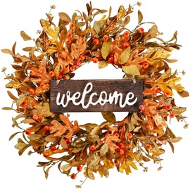Sggvecsy Artificial Fall Wreath 18’’ Autumn Front Door Wreath Harvest Wreath with Fall Leaves Small Pumpkins Cluster of Berries for Outside Indoor Wall Window Festival Thanksgiving Fall Autumn Decor