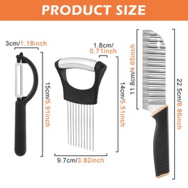 Crinkle Cutter with Onion Holder for Slicing and P-type Peeler, Stainless Steel Wavy Slicer with Handle, Crinkle Cutter for Veggies, Potatoes(COLOR:Black)