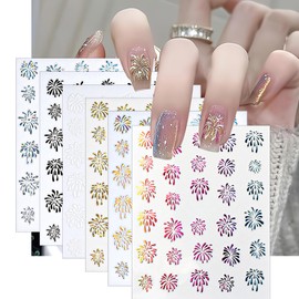 ZASKHLD Colorful Fireworks Nail Art Stickers 3D Self-Adhesive Holographic Firework Nail Decals Shining Laser Gold Silver Designs Nail Art Supplies for Women New Year Manicure Nail Decoration 6 Sheets