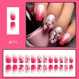 Flowers Press on Nails Medium Square Fake Nail Pink Gradient False Nails With Peach Blossom Designs Acrylic Glue on Nail Spring Summer Floral Artificial Stick on Nail for Women 24 Pcs