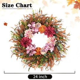 24 Inch Fall Wreath Pink Hydrangea Red Dahlia Wheat for Thanksgiving Door