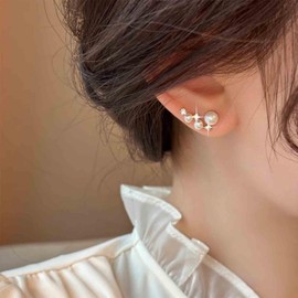 Aneneiceera Vintage Crystal Pearl Ear Climber Earrings Gold Cz Pearl Crawler Earring Rhinestone Stud Earring Cz Cluster Earrings Jewelry for Women