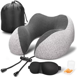 ComfortCurve Memory Foam Travel Pillow – 100% Pure Memory Foam Neck Support with Breathable, Machine-Washable Cover, Complete Airplane Travel Kit with 3D Sleep Mask, Earplugs, with Carry Bag, Grey