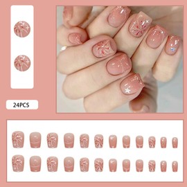 24Pcs Acrylic Press on Nails Short Square Fake Nails Pink White Ombre False Nails with Fireworks show Press ons Designs Nails Press on Artificial Nails Stick on Nails For Women Girls