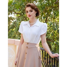 Belle Poque Women's V Neck Puff Sleeve Blouse 1950s Vintage Casual Button Down Shirts Tops White 2XL