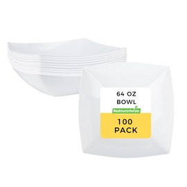 Restaurantware Moderna 64 Ounce Fancy Plastic Bowls 100 Square Disposable Salad Bowls - Durable Heavy-duty White Plastic Bowls For Warm And Cold Foods