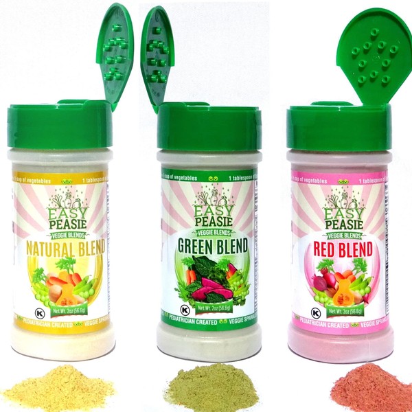 Easy Peasie Vegetable Powder Blends for Picky Eaters | Non-GMO Dried Ground Veggie Sprinkles for Meals and Smoothies (3-Pack: Green, Red, and Natural - each 2 oz)
