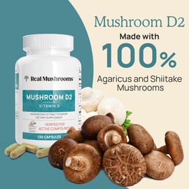 Real Mushrooms Vitamin D2 from Shiitake & Agaricus – Vegan Mushroom-Based D Supplement – Vitamins for Overall Wellness Support– Organic, Non-GMO, 1000 IU – 120 Count Functional Mushroom