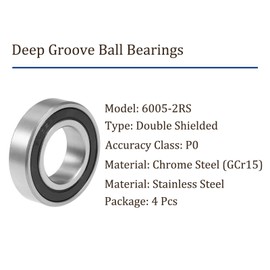Kozelo Pack of 4 6005-2RS Ball Bearings - [25 x 47 x 12 mm] Chrome Steel Double Sealed Deep Groove Ball Bearings for Machine Applications Industrial Equipment