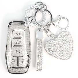 Simocky Key Fob Cover with Heart Keychain, Girly Car Key Shell Case for Women, Compatible with Ford Fusion Mustang F150 Edge Explorer Lincoln MKZ MKC MKX Smart Remote Key Protector (5 Buttons-Silver)