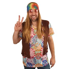 Hippie Costume Wig Set - Wig and Bandana - Necklace - Vest - Shirt - Glasses - Woodstock 1960s Gear