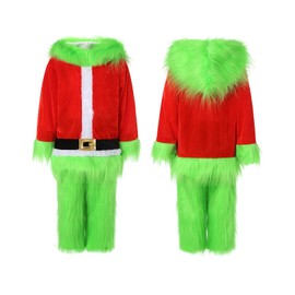 Pivanzore Green Christmas Clothes for Kids Boys Monster Christmas Furry Suit Santa Outfits Christmas Sets Party 2Pcs Outfits (Green, 3-4T)