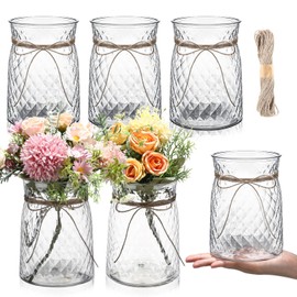 Bokon 6 Pcs Plastic Vases Bulk for Centerpieces Table, 6.3 in Bud Vases in Bulk, Mini Clear Vase for Flower with Rope Design and Plant Containers for Wedding Dinning Home Decoration (Clear)